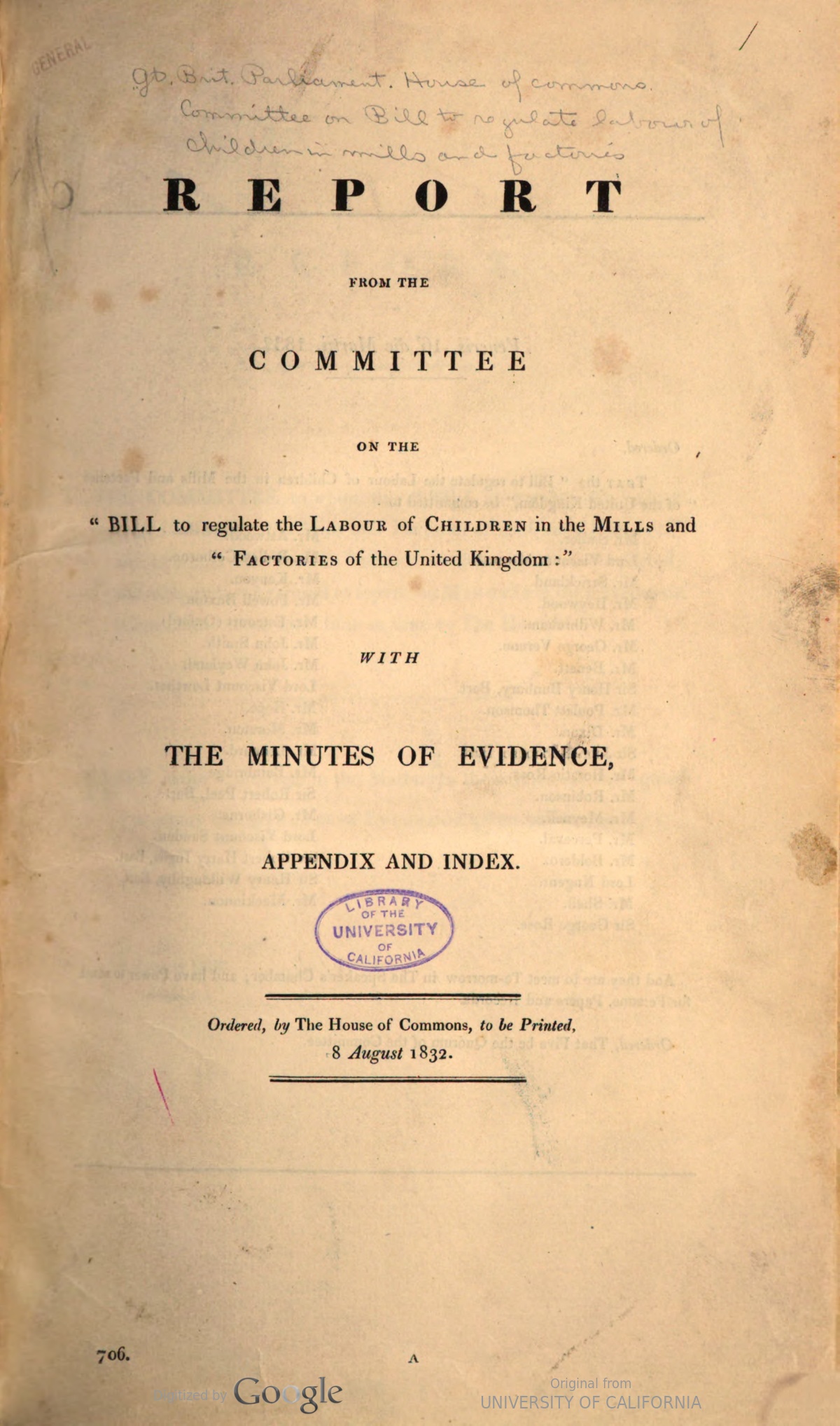 Page image from the 1832 parliamentary report on regulating the labor of children in mills and factories.