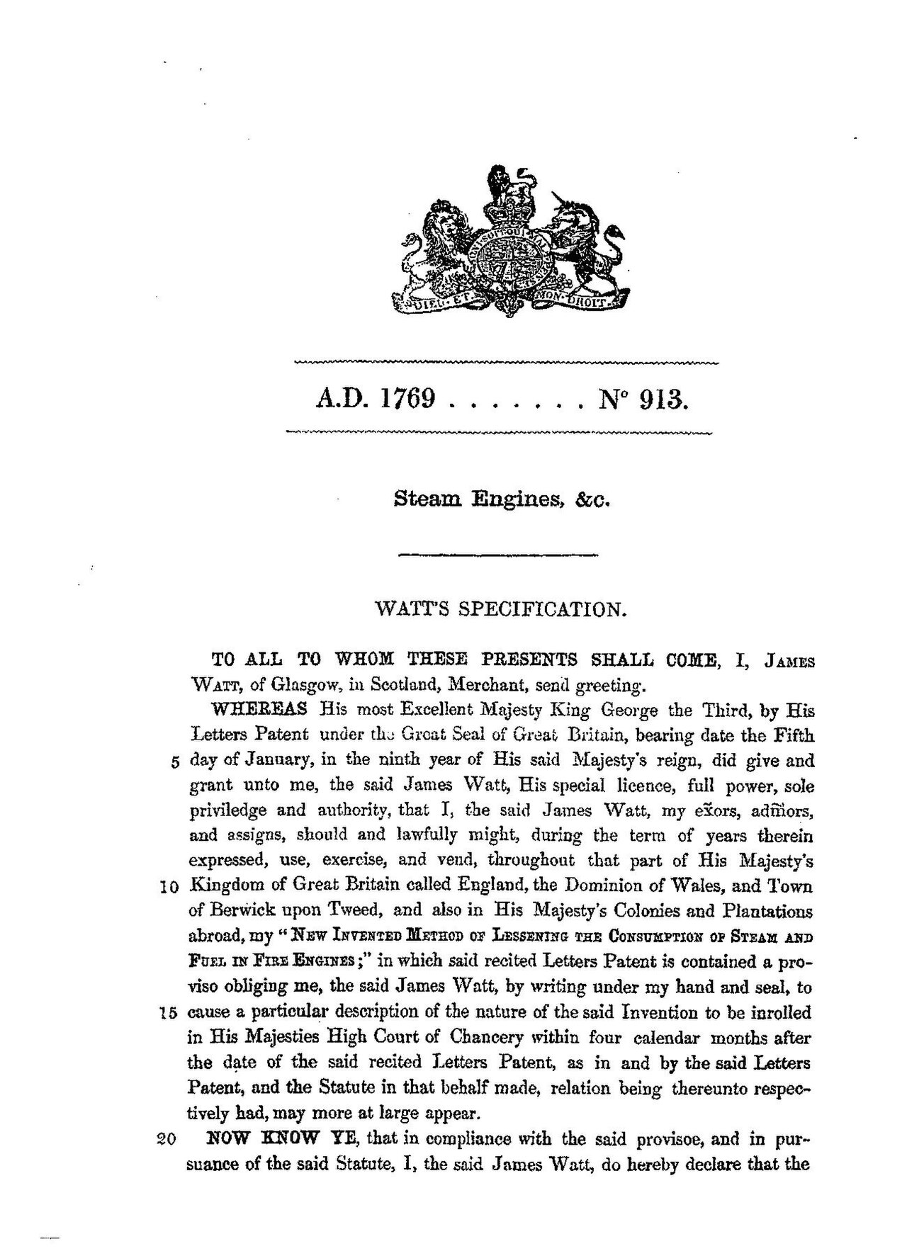 Page image from James Watt's 1769 patent specification for steam engine improvements, patent number 913.