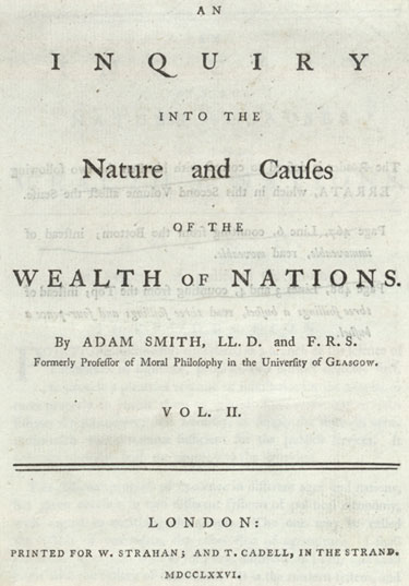 Title page of Adam Smith's The Wealth of Nations, first published in 1776.